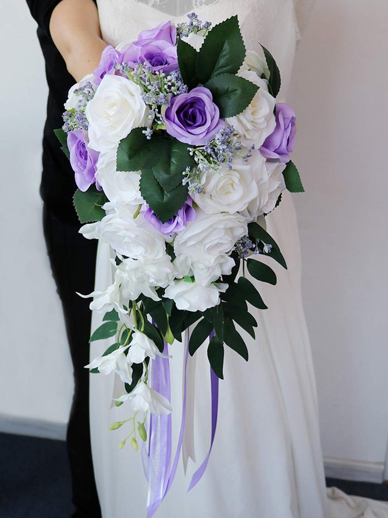 ChezMax Wedding Bridal Bouquet Artificial Rose Flowers with Ribbons Waterfall Flowers Bunch for Decorations - Image 1